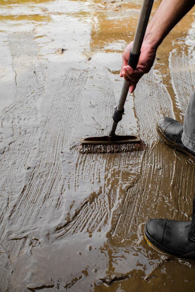 The Art of Drawing Readers In: Your attractive post title goes here An adult using a brush to clean a muddy, wet floor. Close-up view.